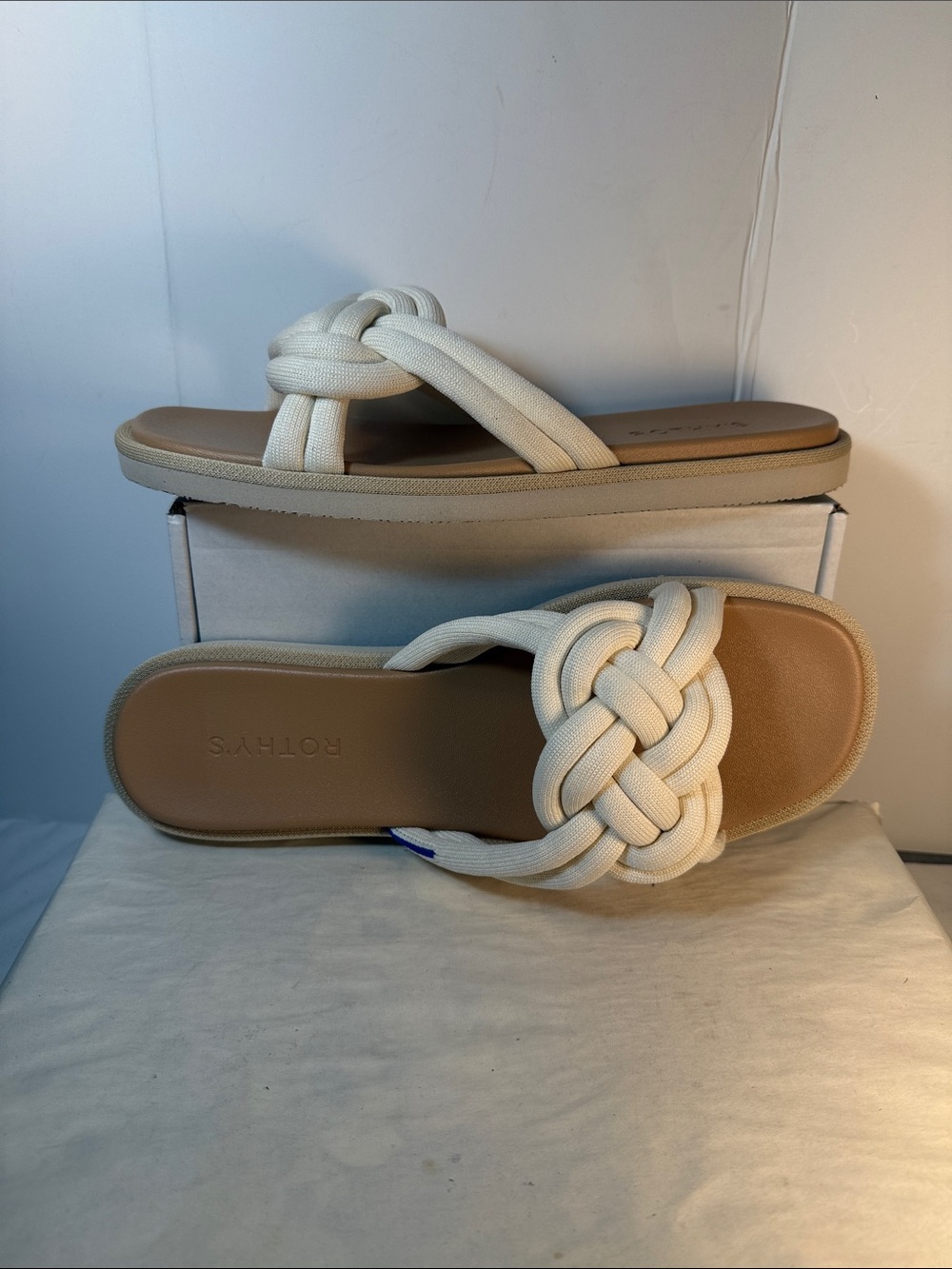Rothy's Cream Knotted Slide Sandals with Tan Footbed